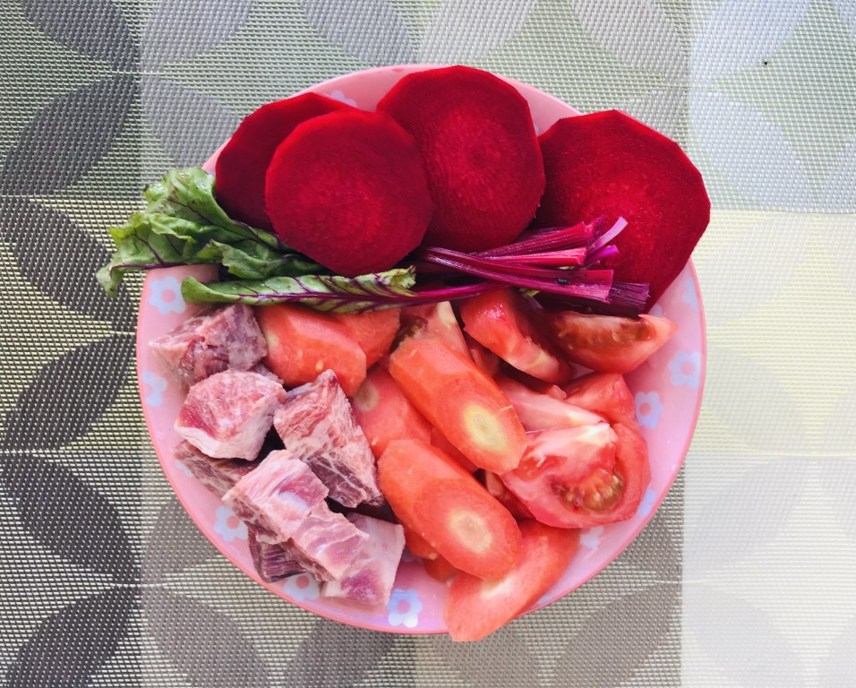 Beetroot, Tomato, Carrot and Diced Beef Soup