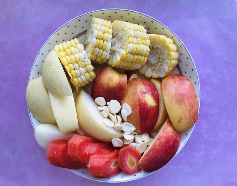 Apple, Pear, Corn and Carrot Soup with Almonds
