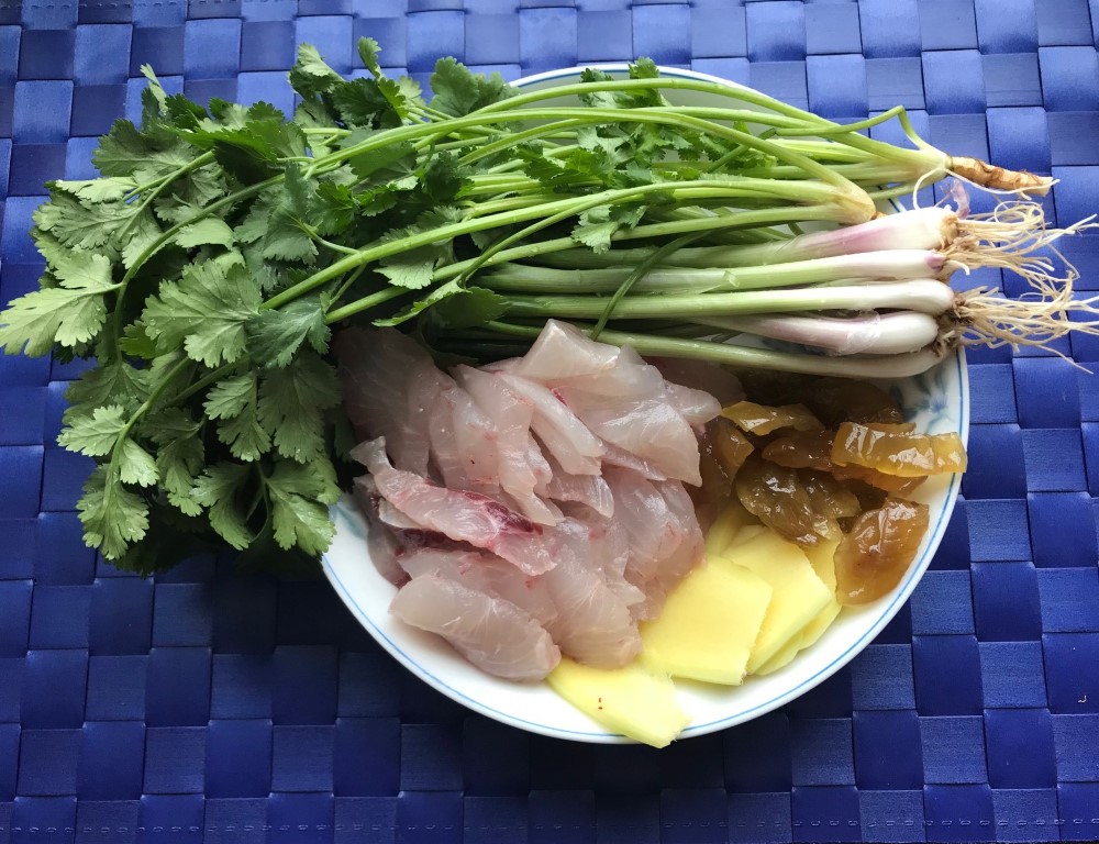 Coriander, Scallion, Ginger, Pickled Cucumber and Fish Slice Broth