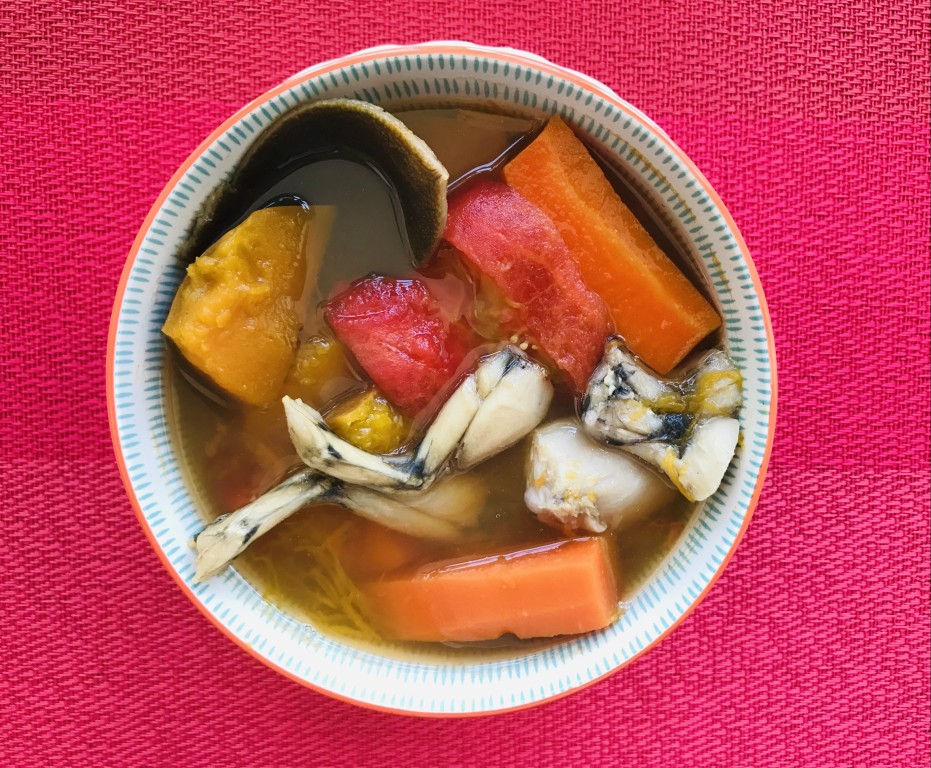 Pumpkin, Tomato, Carrot and Frog Leg Soup