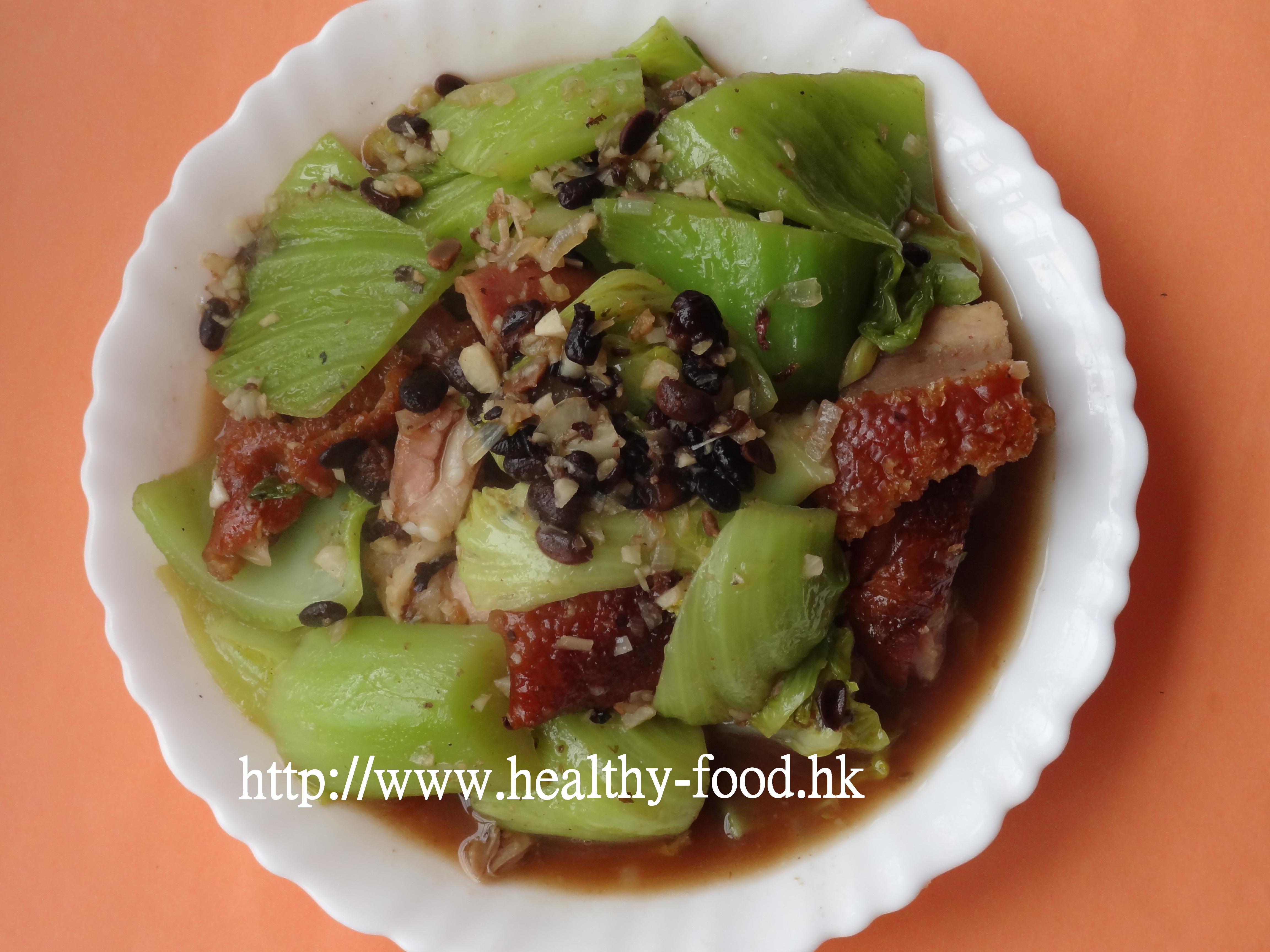 Braised Mustard Greens with Roast Pork, Garlic and Fermented Black Beans