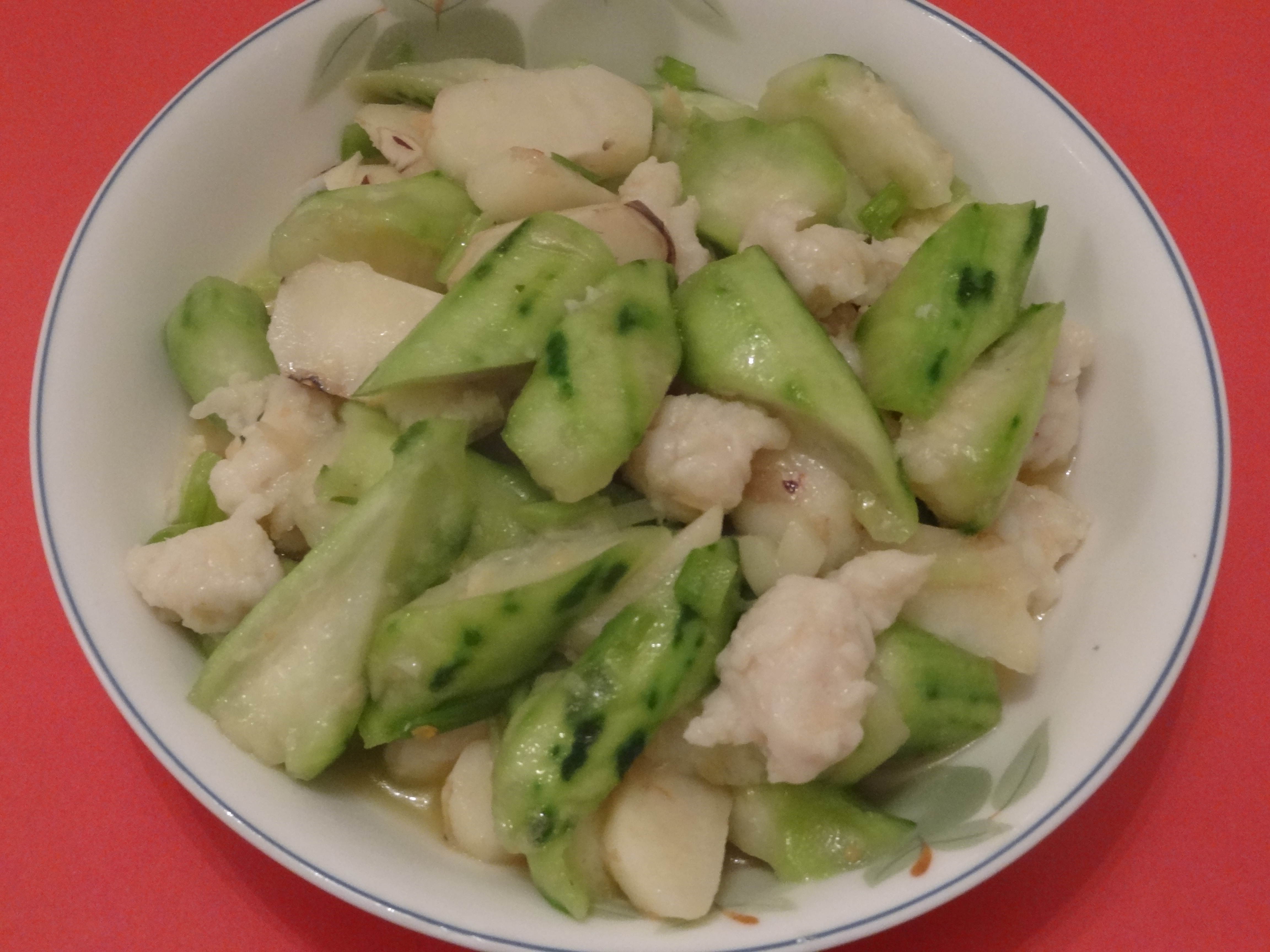Loofah, Water Chestnut and Dace Fish Paste Stir-fry