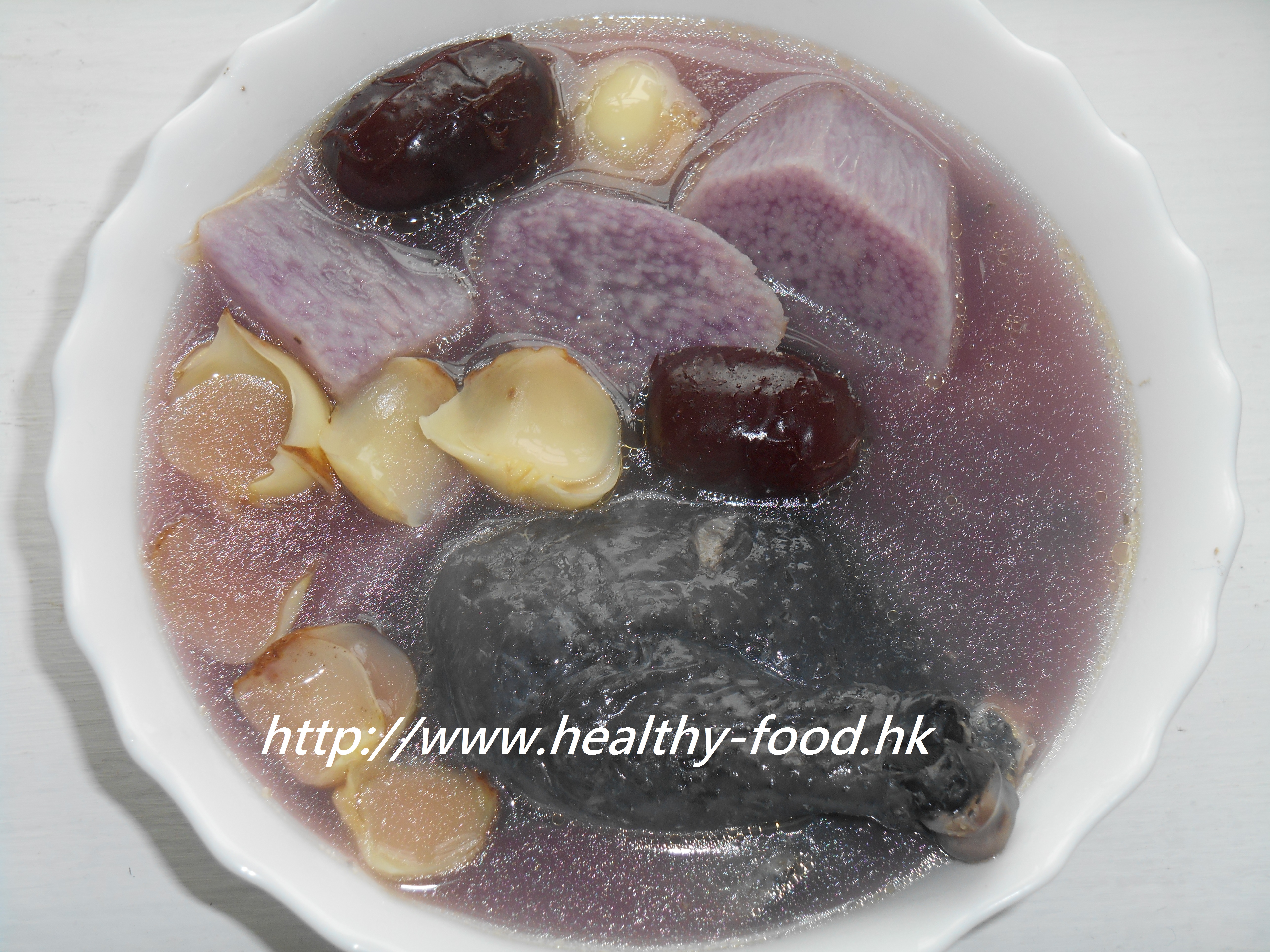 Purple Yam, Fresh Lily Bulb and Red Date Black Chicken Soup (Zi Huai Shan Bai He Wu Ji Tang)