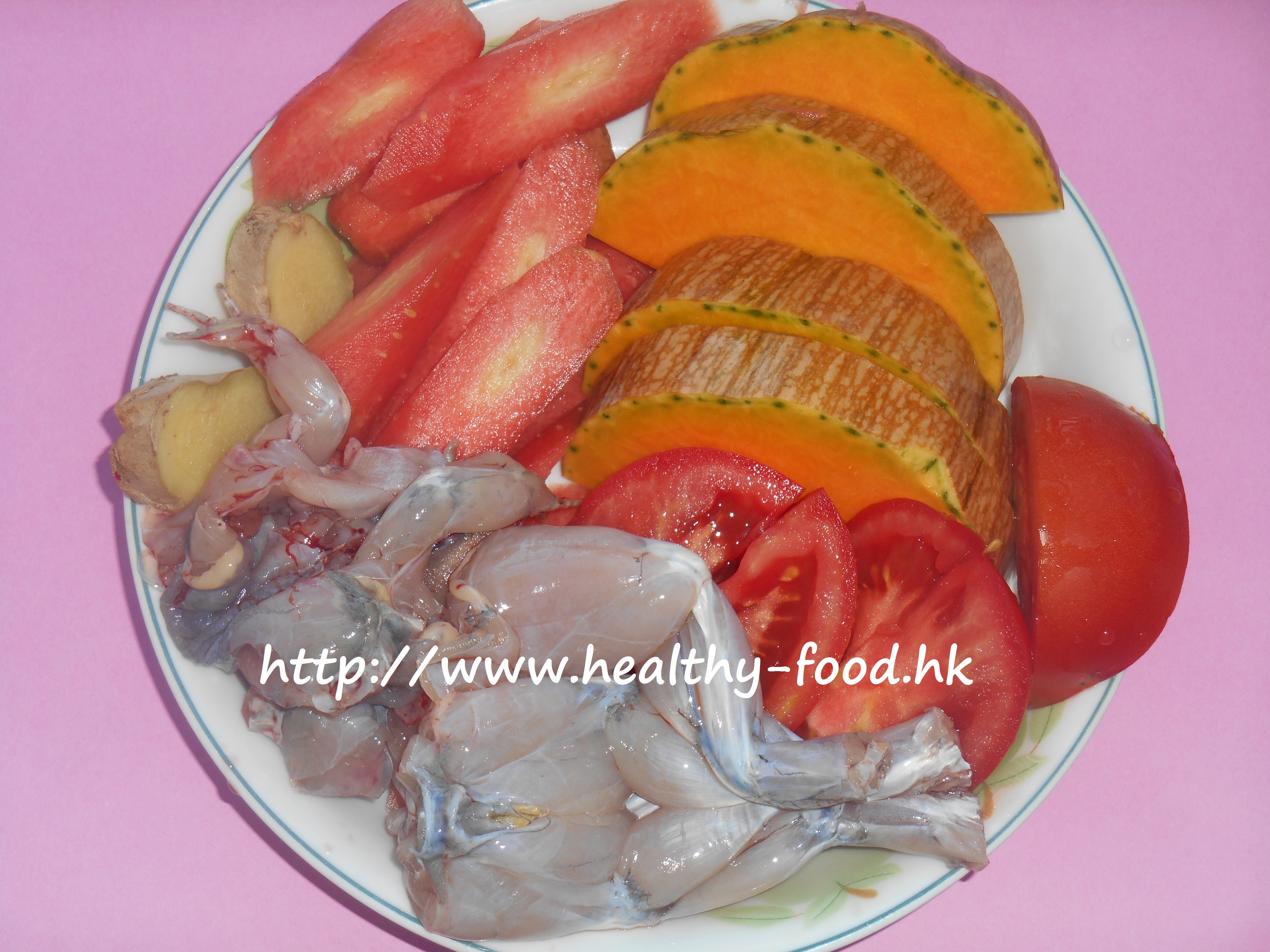 Pumpkin, Tomato, Carrot and Frog Leg Soup