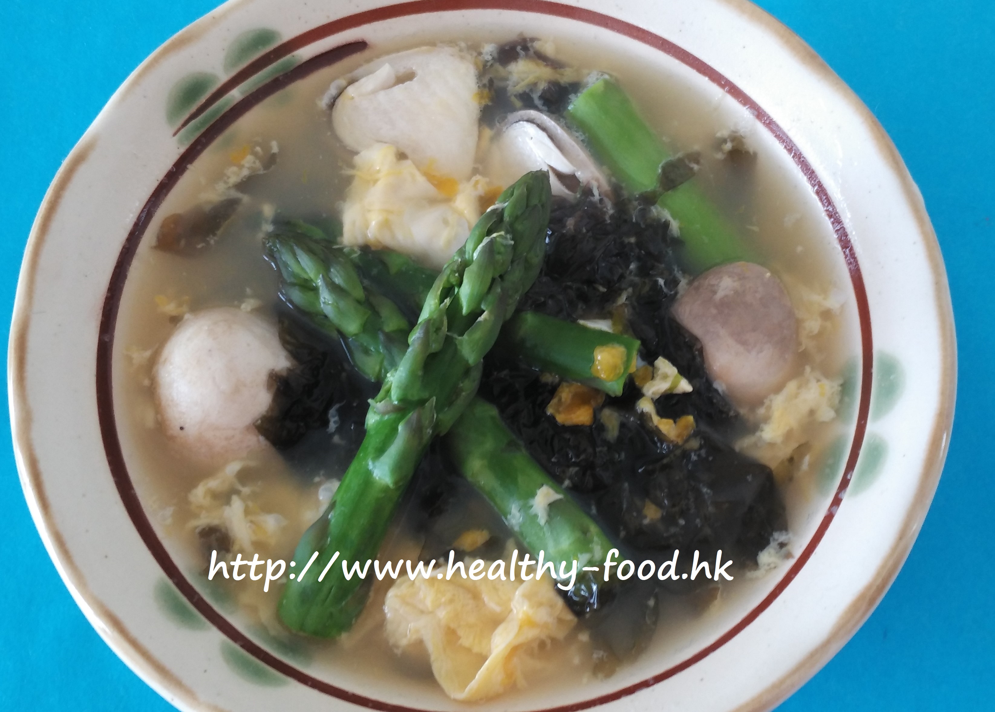 Asparagus, Straw Mushroom, Laver and Egg Drop Soup