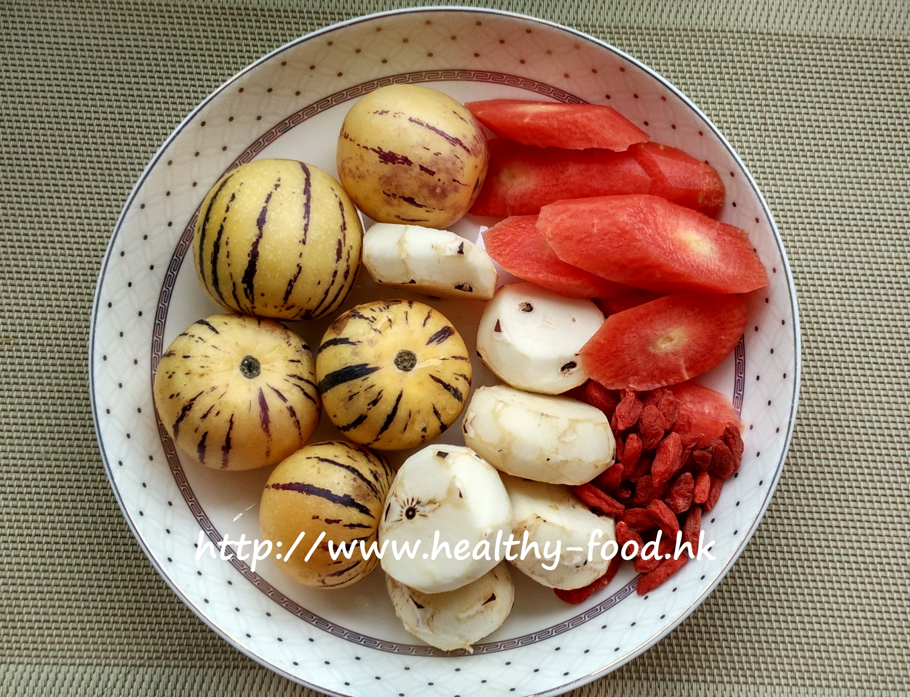 Pepino Melon, Carrot, Water Chestnut and Goji Berry Soup