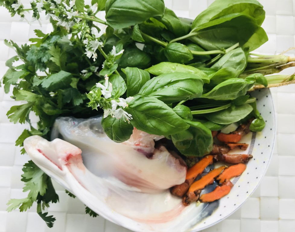 Coriander, Basil, Turmeric and Fish Head Soup